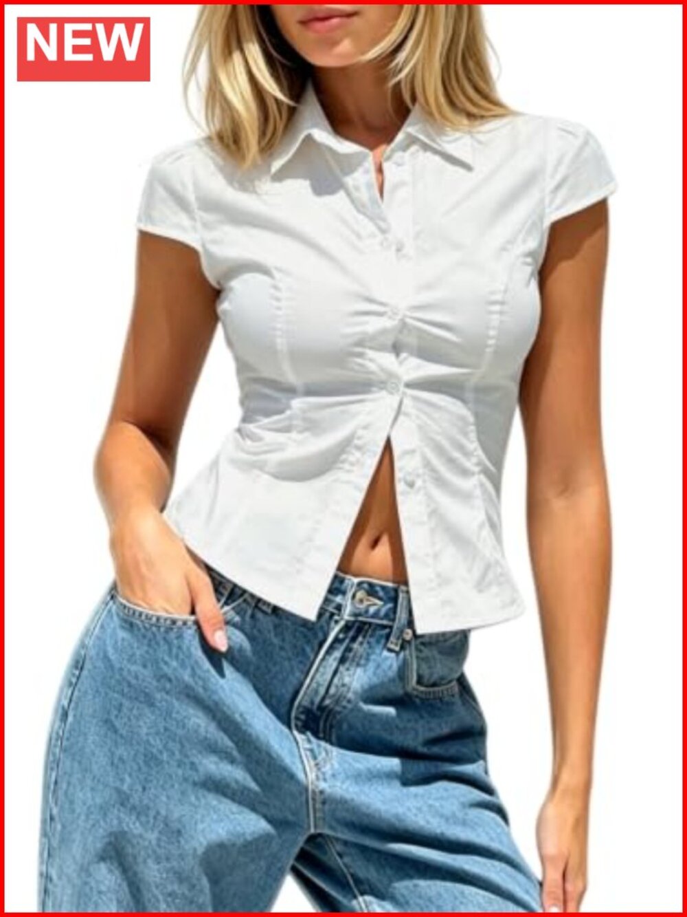 Women Y2K Button Down Cropped Blouse Short Sleeve V Neck Fitted Top